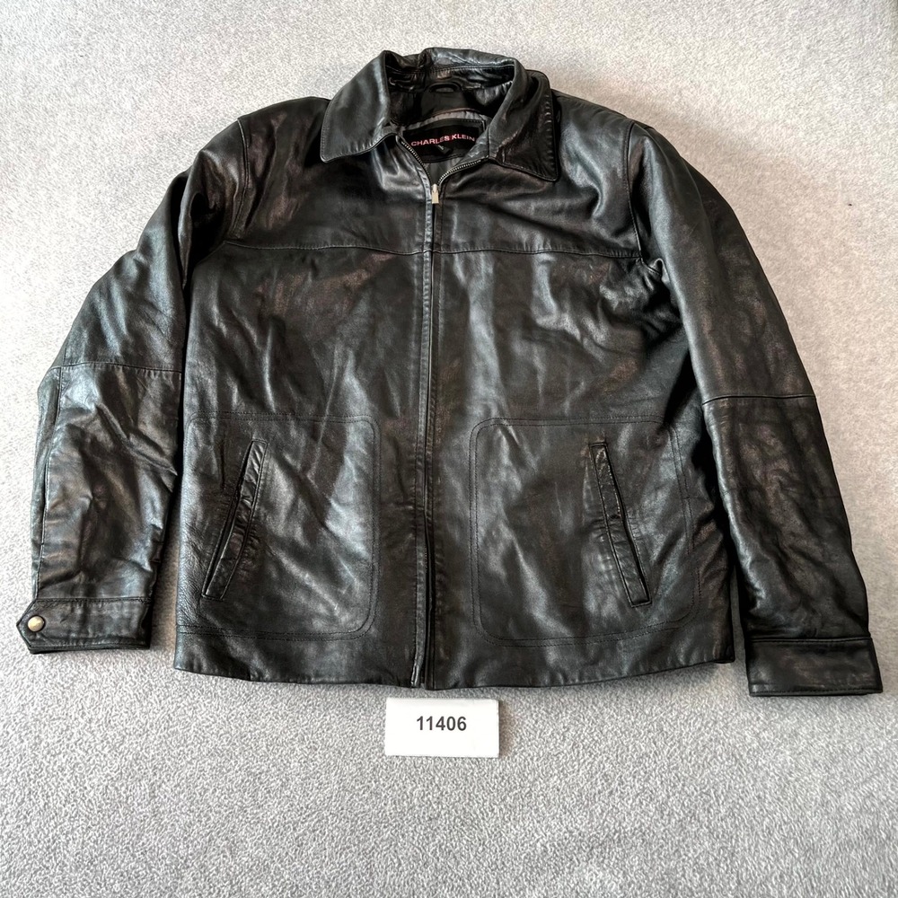Vintage Charles Klein Leather Jacket Men's L Black Quilted Lined Pockets Collar